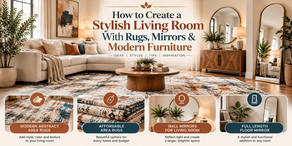 How to Create a Stylish Living Room With Rugs, Mirrors & Modern Furniture