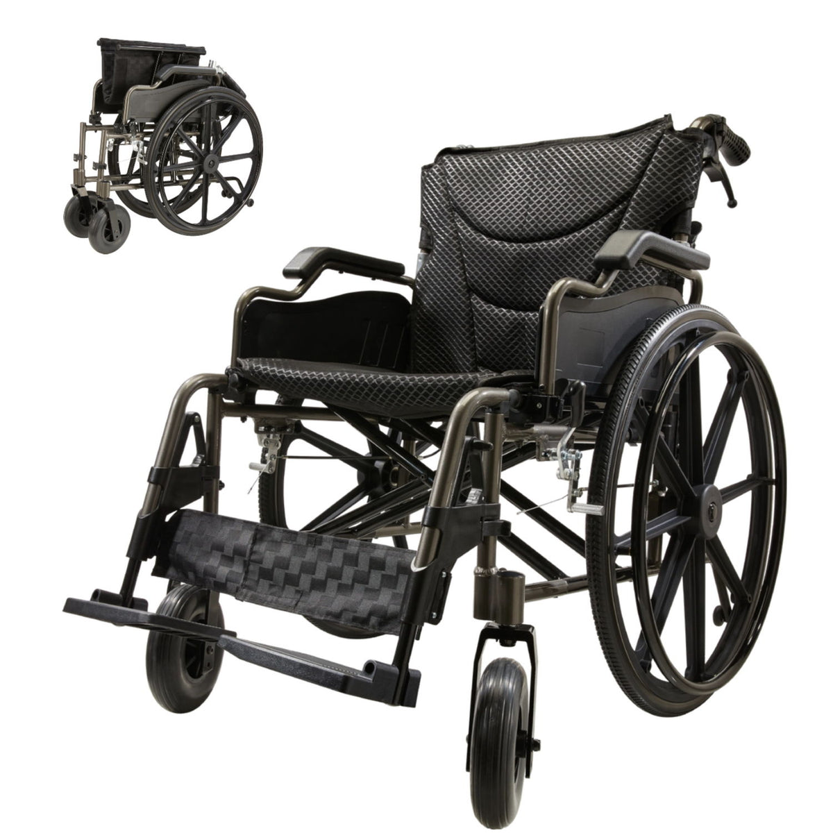 Manual Wheelchair With Double X Force Support Double Brakes 24" Non InflatableTires Lightweight Foldable Transport Wheelchair For All Terrains 350Lbs Capacity Color - Black / Gray