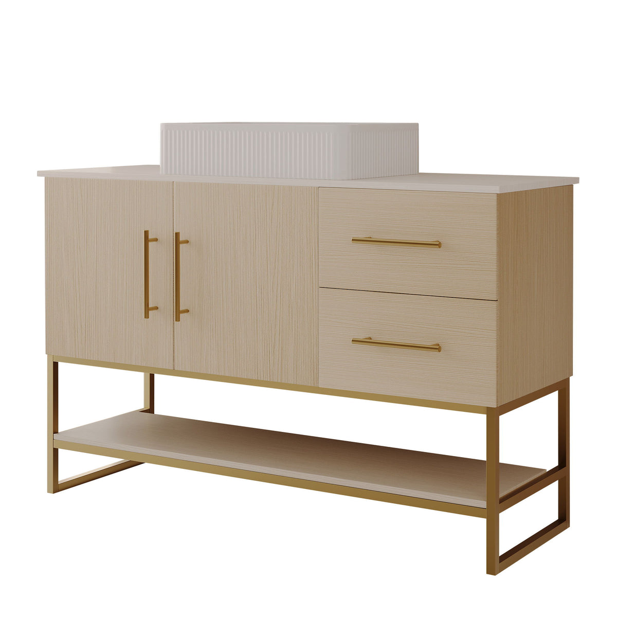 Bathroom Vanity With Vessel Sink Accent Free Standing Cabinet - Ameican White Oak / Gold / White