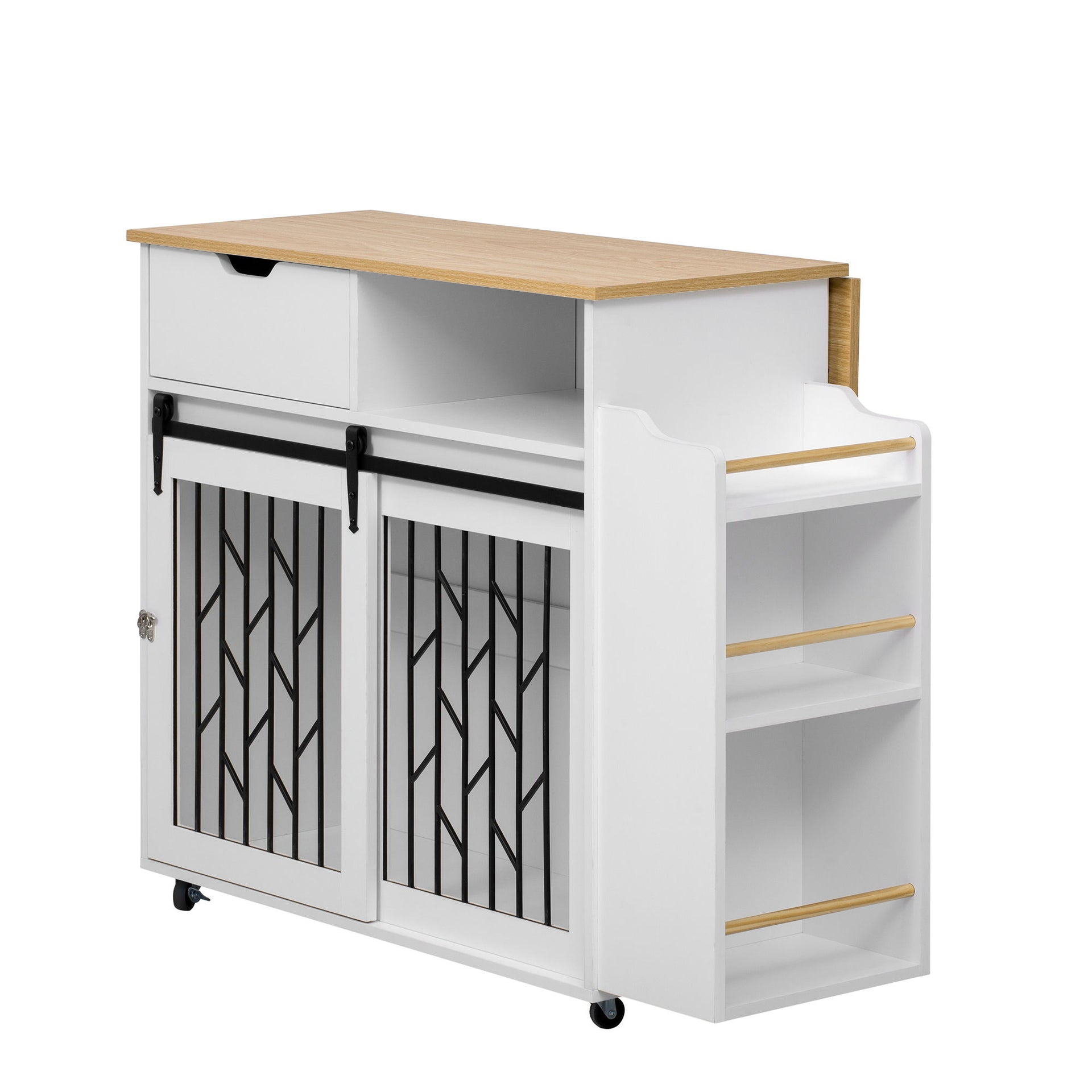 Modern Style 2 In 1 Pet Friendly Dog Crate Kitchen Island End Table Metal Pine - Natural / White