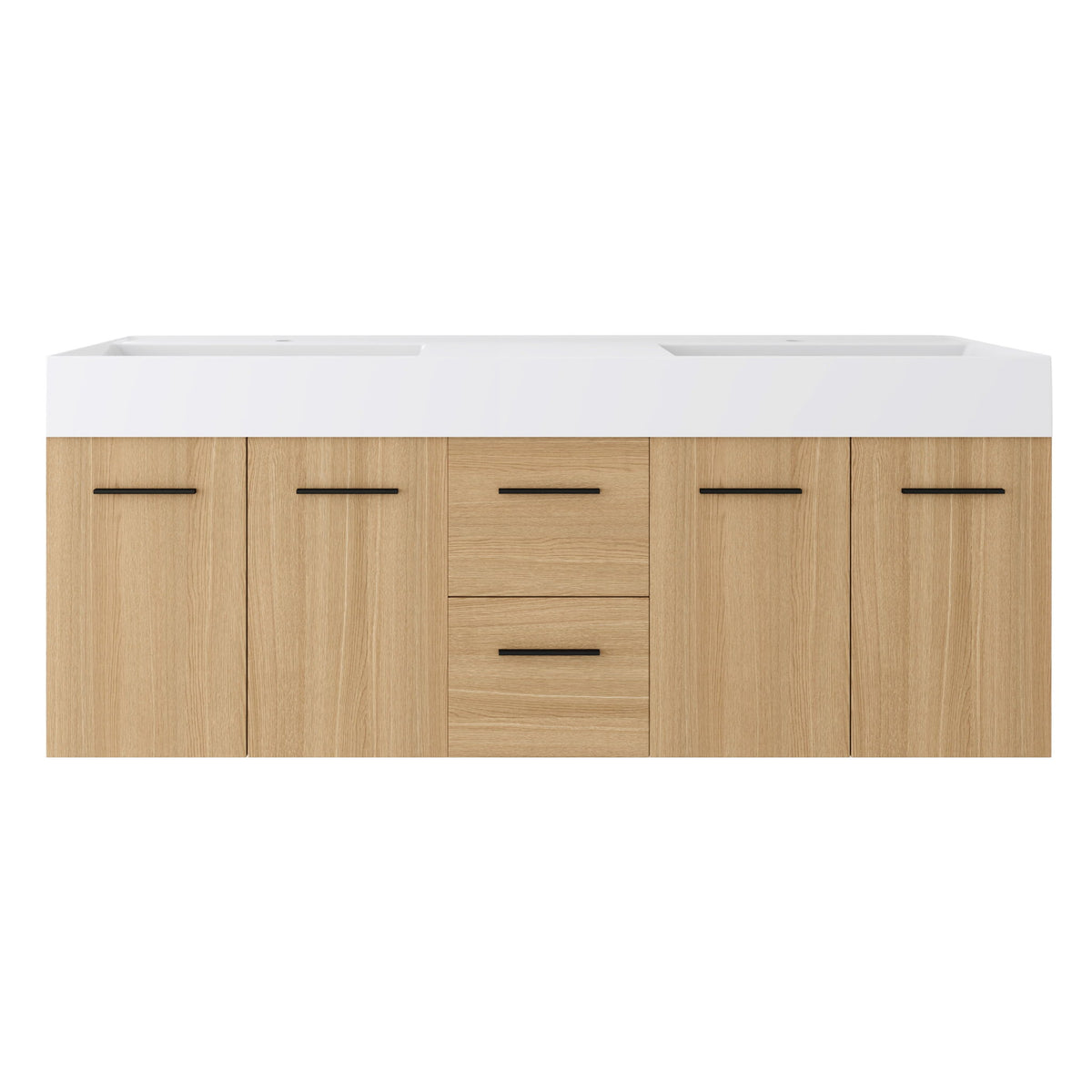 Floating Double Sink Bathroom Vanity With Drawers And Doors, Extra Large Storage, Integrated Sink, Soft Close Hardware - Glossy White / Light Oak