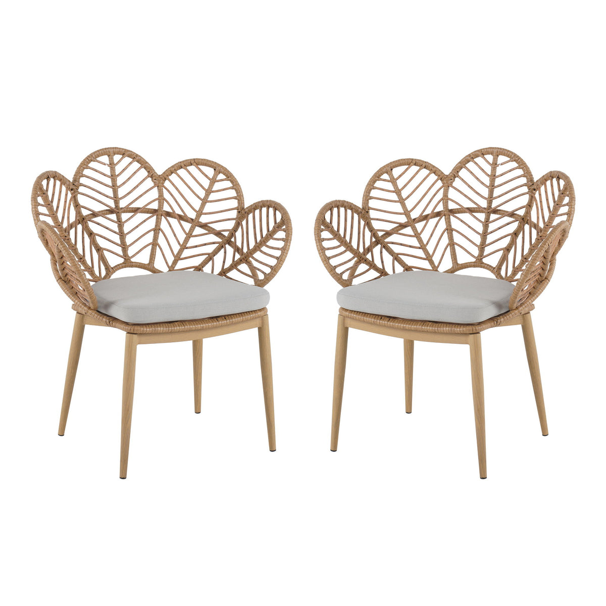Kirk - Outdoor Wicker Peacock Shape Papasan Style Chair, Teak Finished Leg (Set of 2) - Beige / Light Brown / Light Teak