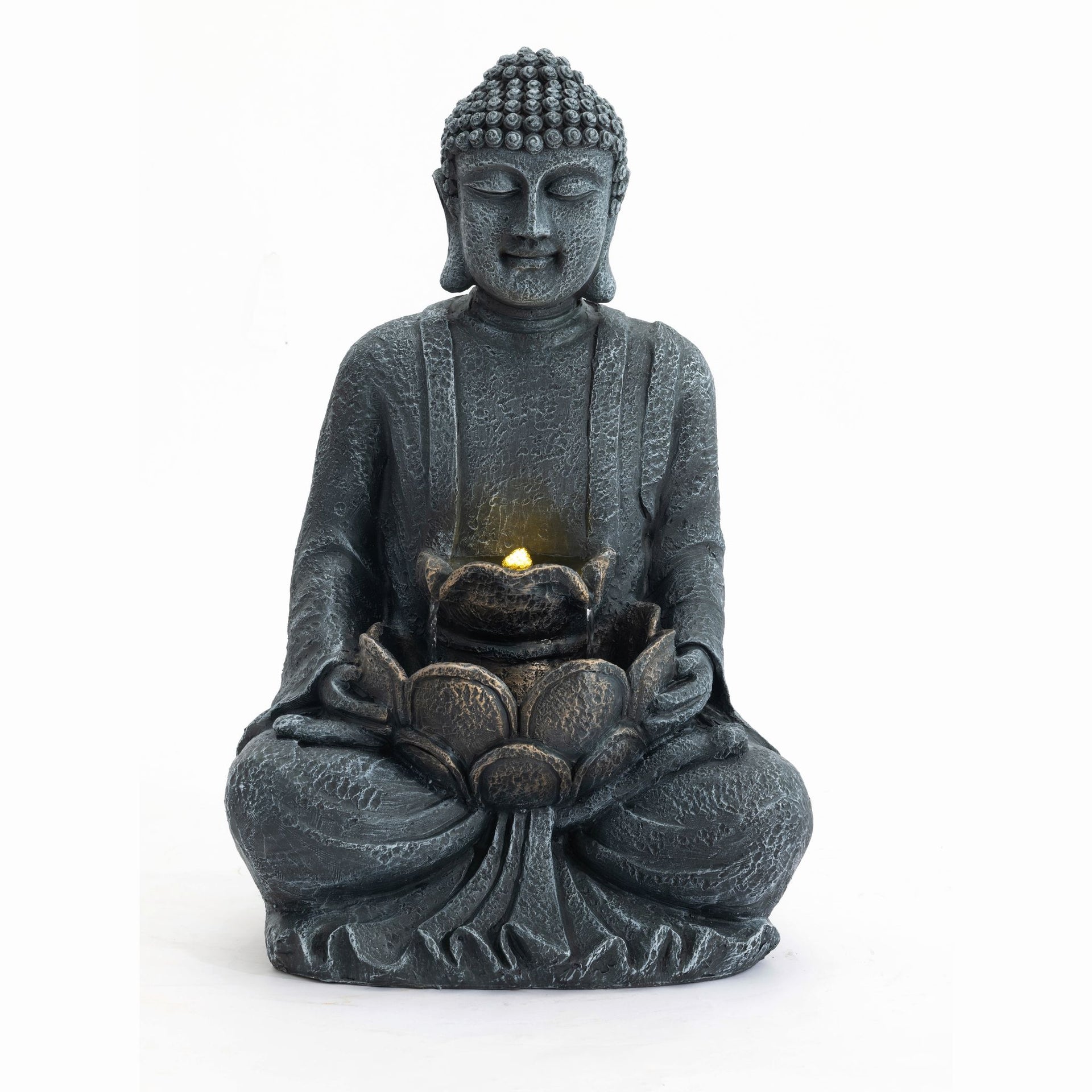 Zen - 2 Tier Meditating Buddha Water Fountain With Pump & LED Light - Gray