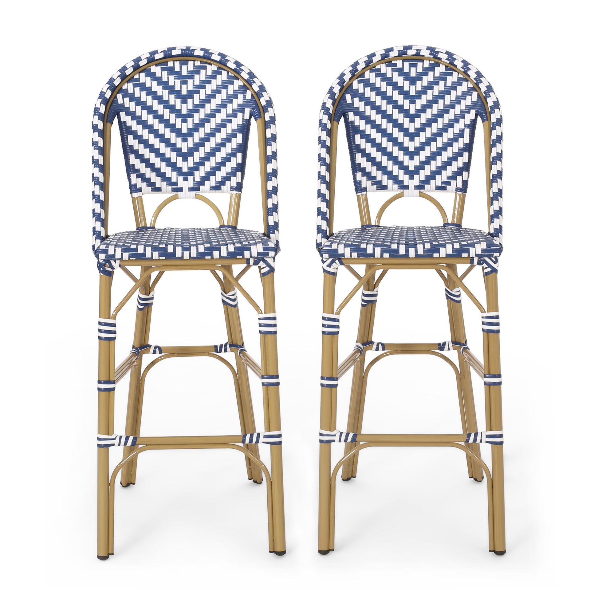 Outdoor Rattan French Barstool Set,, Bamboo, Seat Height - Navy Blue / White