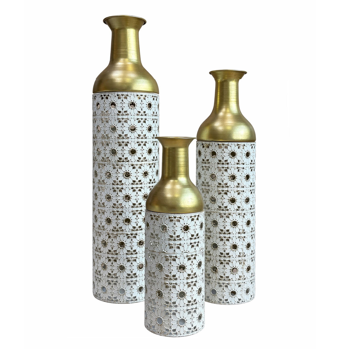 Handcrafted Cutout Hollow Tall Standing Floor Vase, Home Decor (Set of 3) - White / Gold
