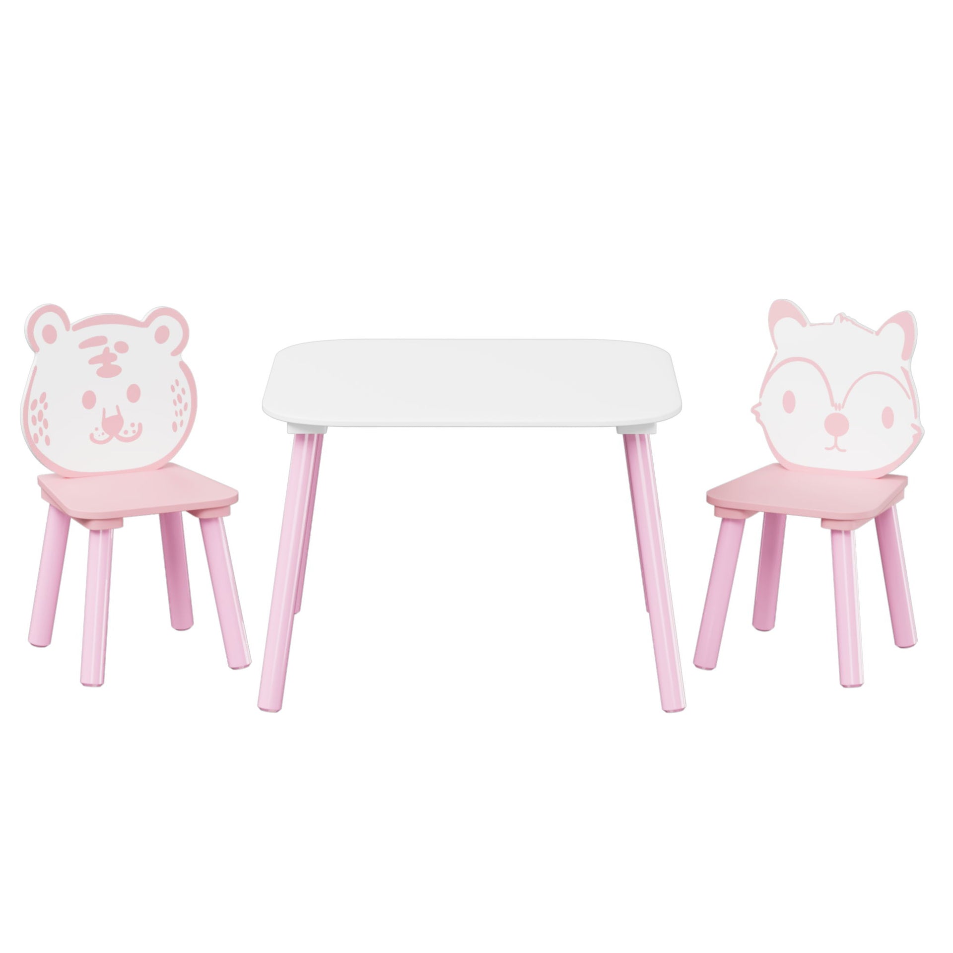 Table And Chair Set, 3 Piece Wooden Toddler Desk With Animal Backrest - Pink / White