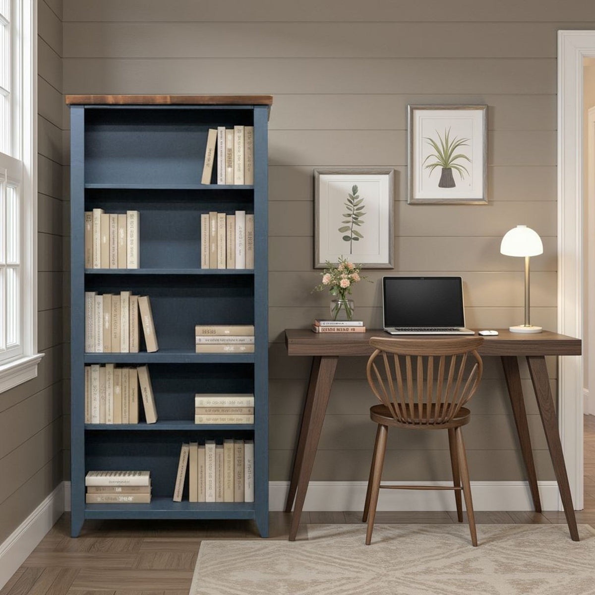 Nantucket - 5 Shelf Bookcase - Blue Denim / Whiskey