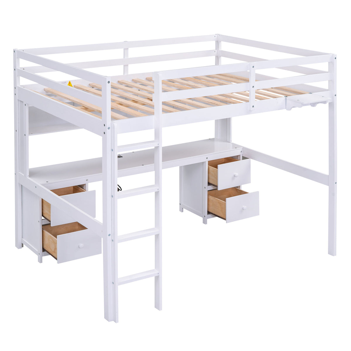 Full Size Loft Bed With Desk, Cabinets, Drawers, Charging Station And Bedside Tray, Sturdy Frame, No Box Spring Required - White
