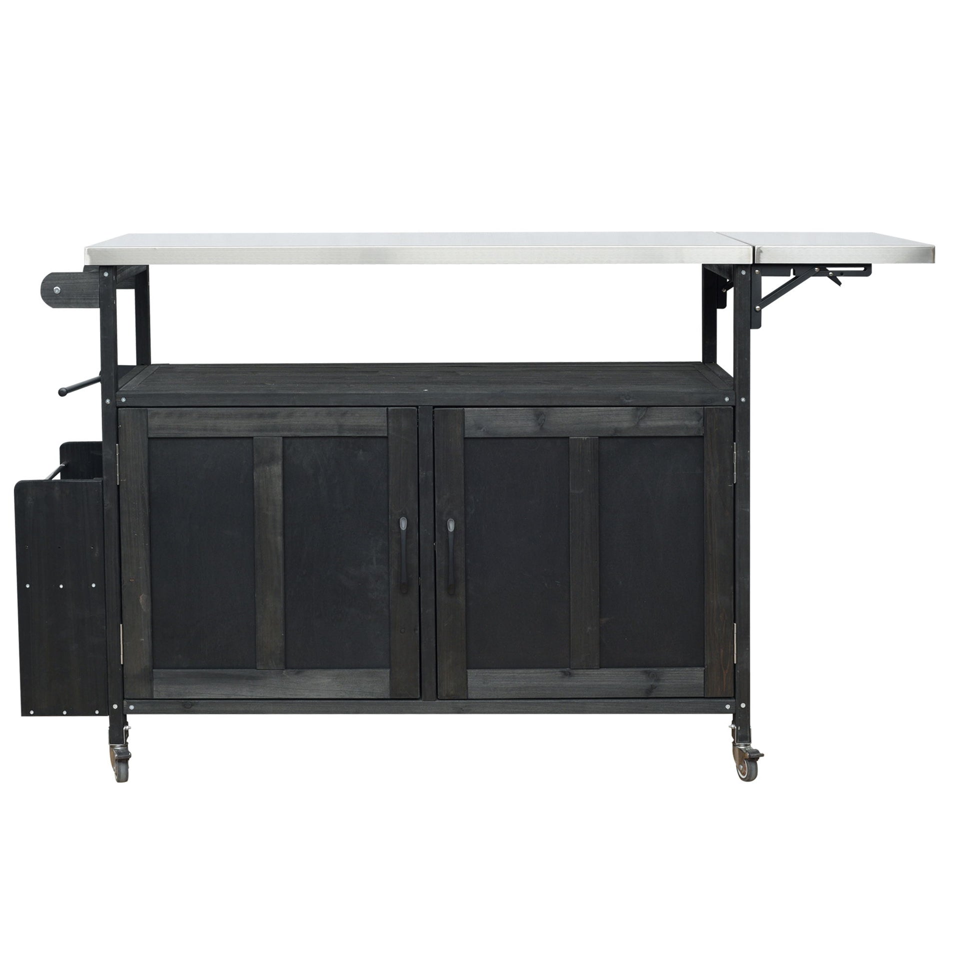 Foldable Outdoor Kitchen Island With Lockable Wheels, Storage Cabinet And Towel Rack For Patio