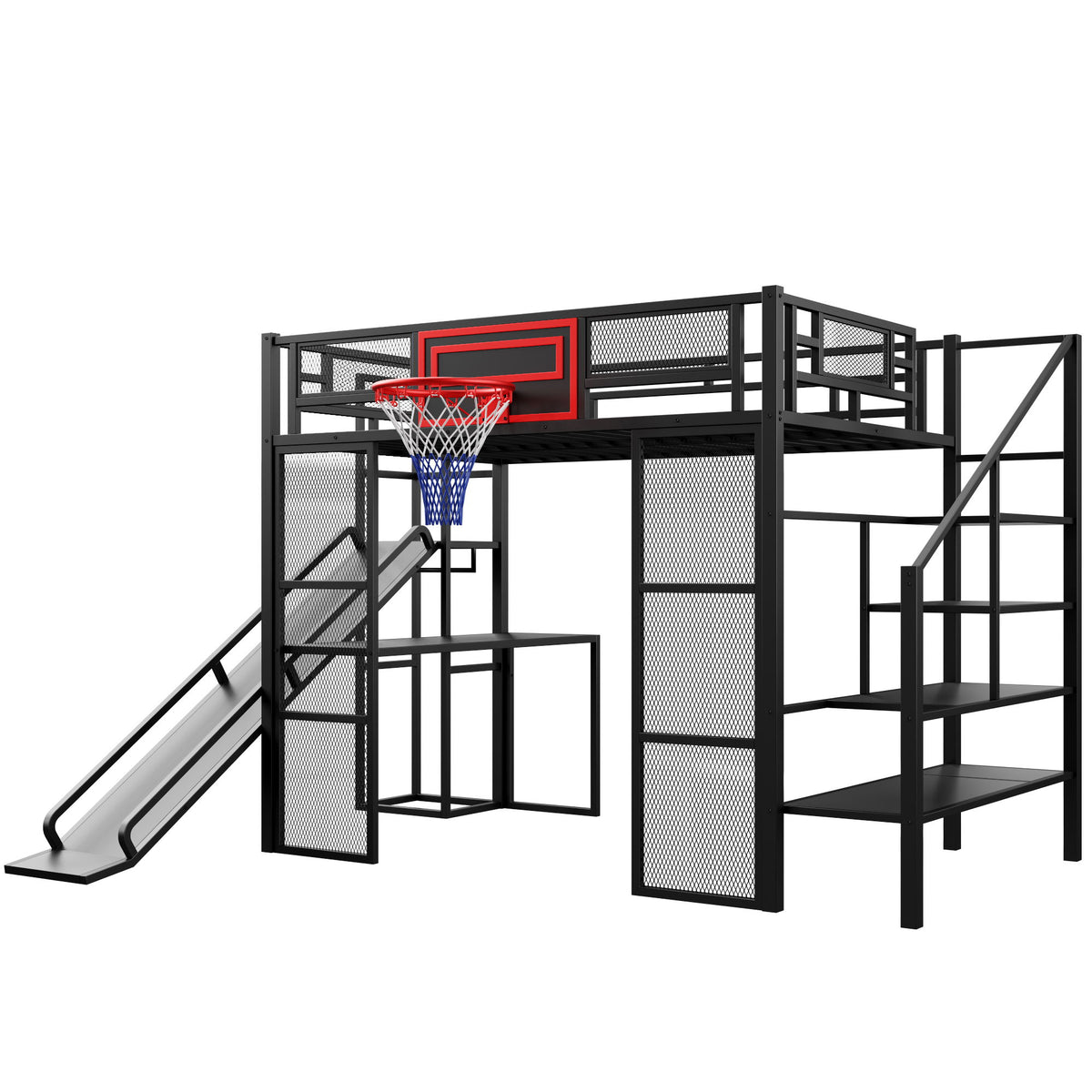 Loft Bed With Built In Desk, Open Wardrobe, Basketball Hoop, Slide And Staircase