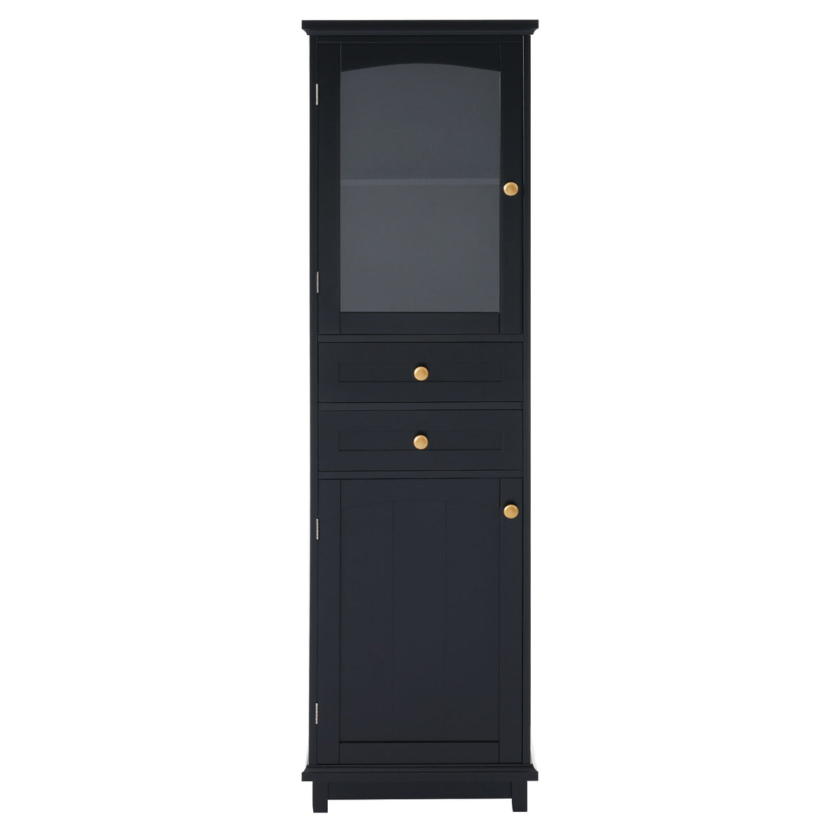 Tall Bathroom Storage Cabinet With Glass Doors, Free-Standing, Two Drawers, And Adjustable Shelves, Board, Painted Perfect For Displaying Your Favorite Items