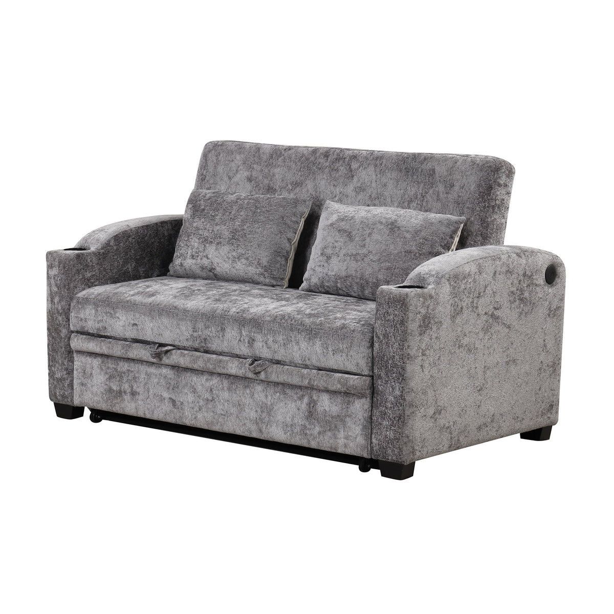 Pull Out Loveseat Sofa With Adjsutable Backrest, 2 Pillows, Cup Holders, USB Ports For Living Room