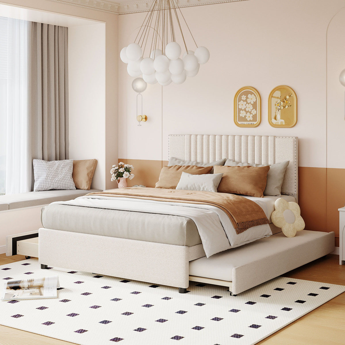 Upholstered Platform Bed With Drawers, Classic Headboard Design