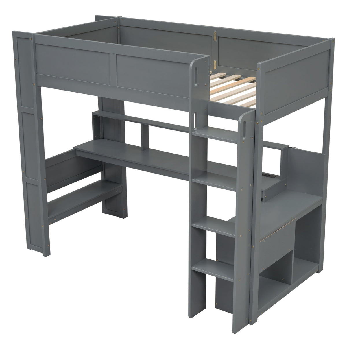 Gaming Loft Bed With Desk, Multi Storage Shelves, LED And Charging Station