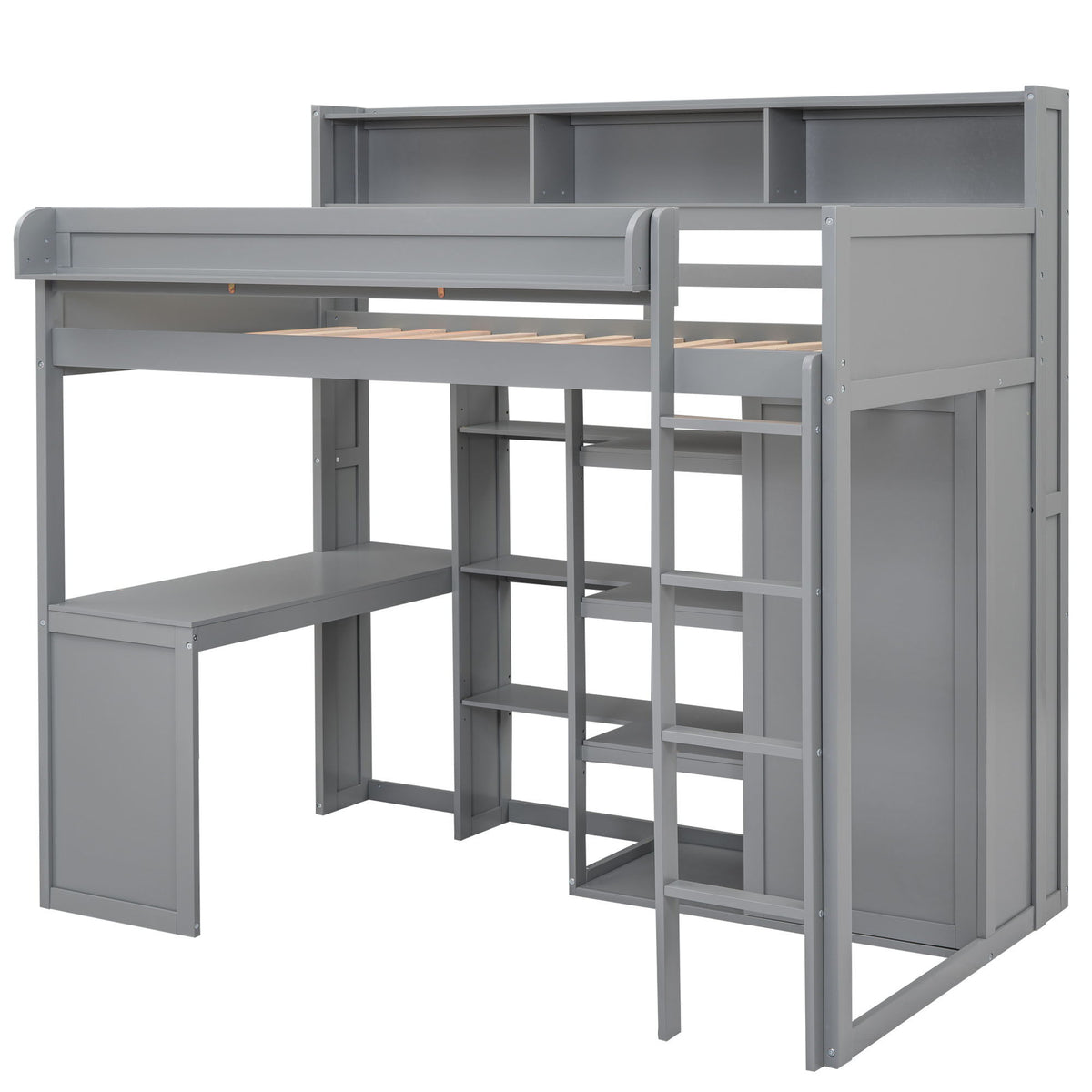 Loft Bed With Built In Desk, Storage Shelves, And Wardrobe