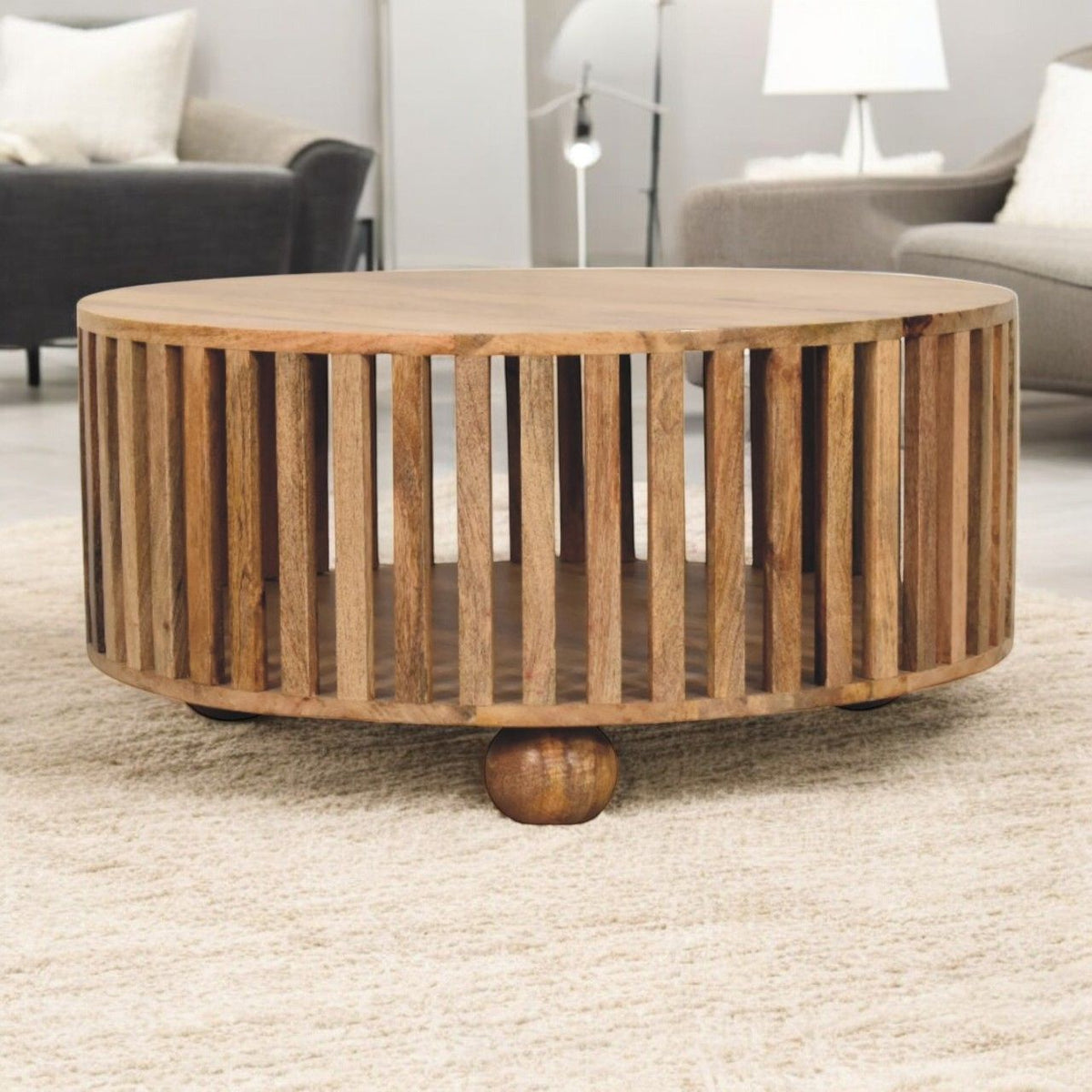 Slatted Round Coffee Table - Beige