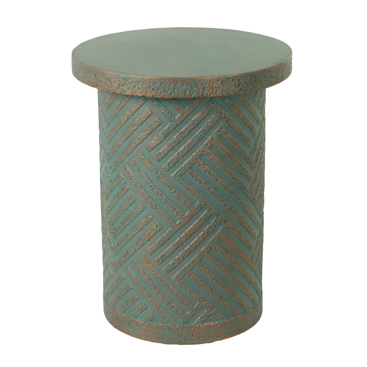 Round Outdoor End Table With Tree Stump Design For Patio - Golden / Green / Peacock