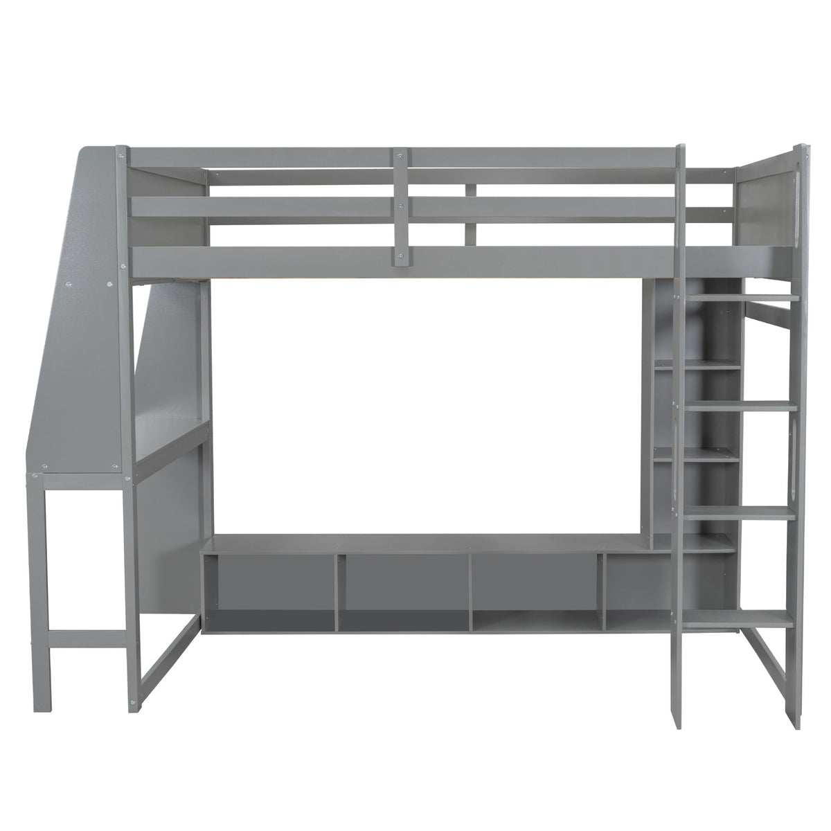 Full Size Gaming Loft Bed With Desk, Multi Storage Shelves, LED Lighting, And Hanging Clothes Rack - Gray